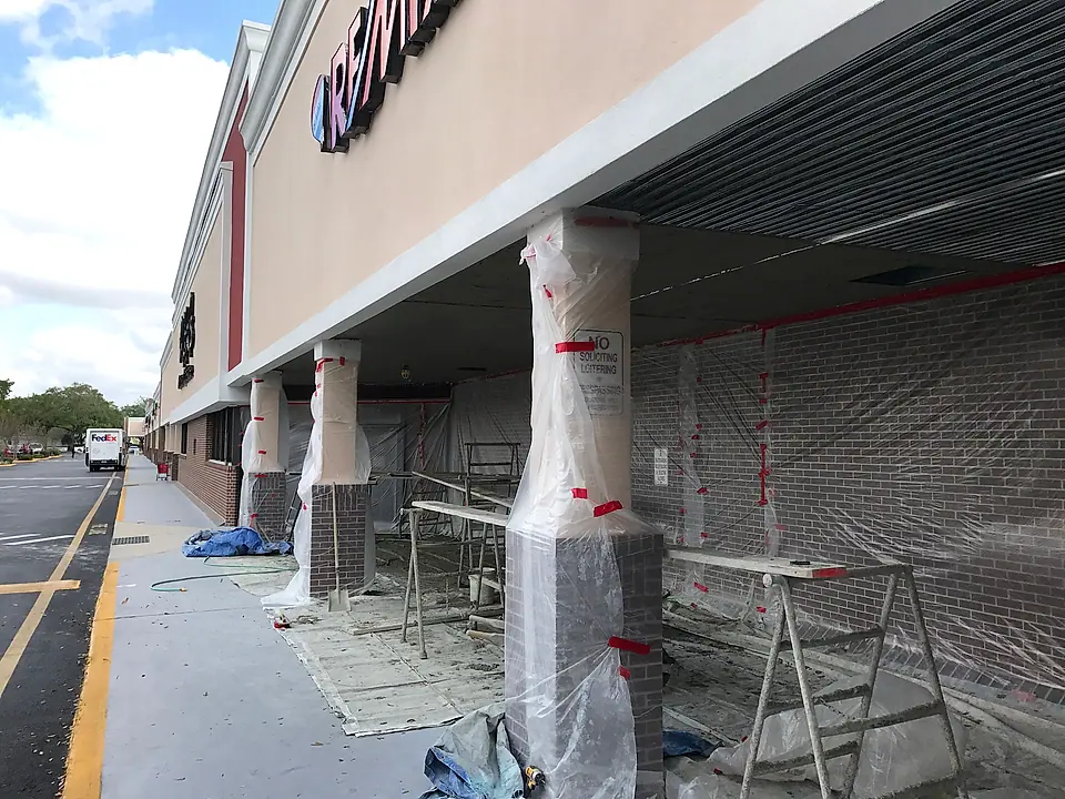 Columns wrapped and ready for stucco along the shopping center front