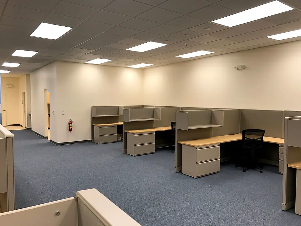 Open office floor with new carpet and workstations