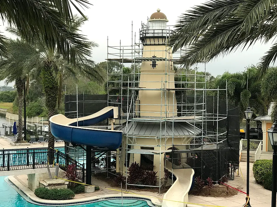 Scaffolding going up around the lighthouse slide tower